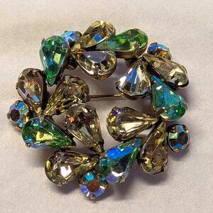 Vintage REGENCY Yellow Rhinestone Green Aurora Borealis AB Rhinestone Brooch Pin